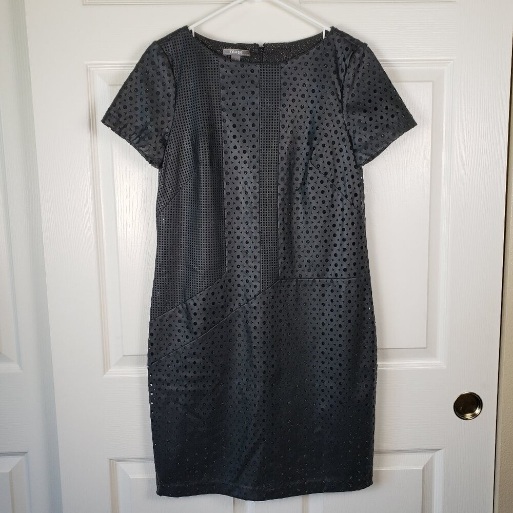 Muse NWOT Black Perforated Faux Leather Mini Dress Size 4 Date night